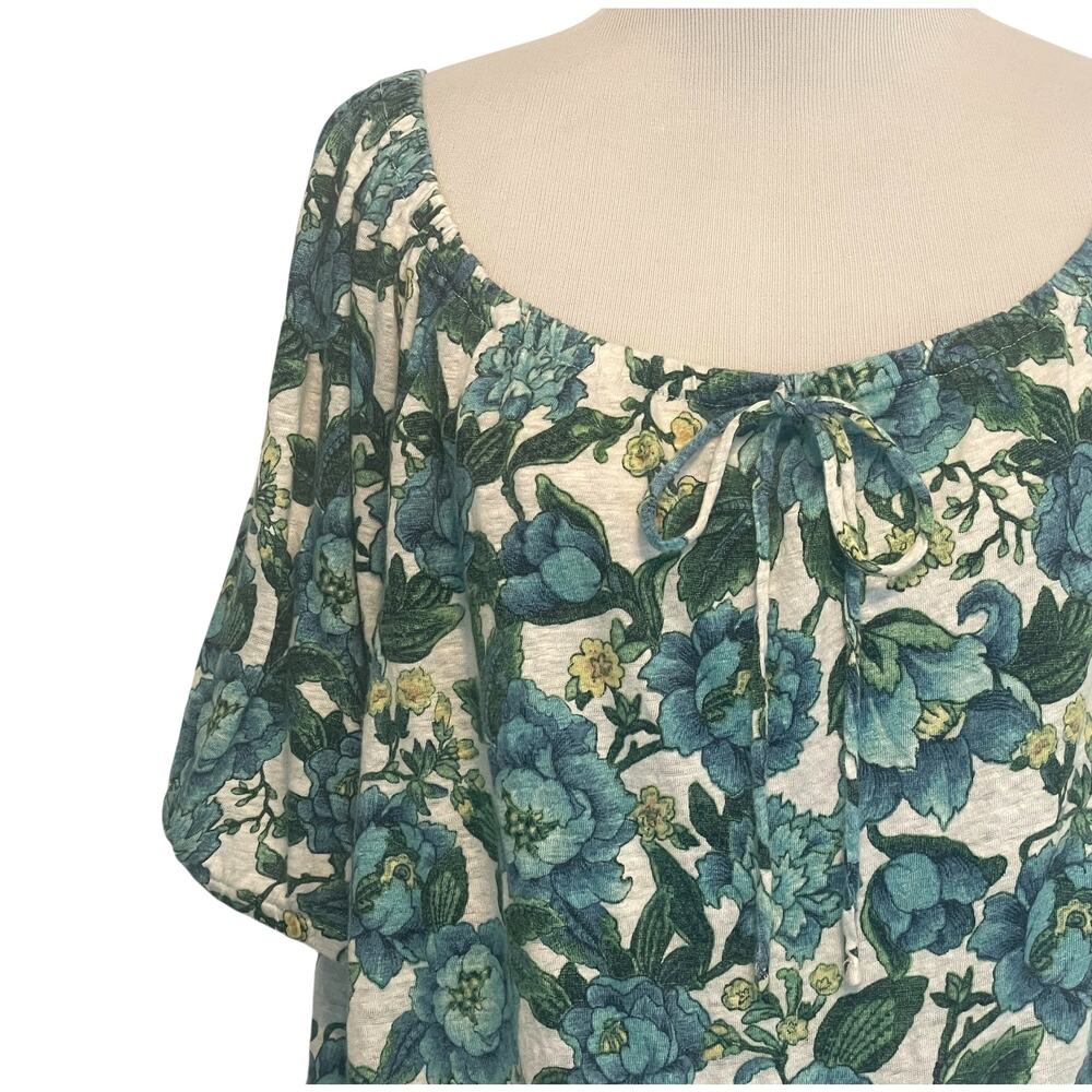 LOFT Floral Shirred Linen Top Womens Large Blue Green Bubble Hem Tee - Picture 3 of 9